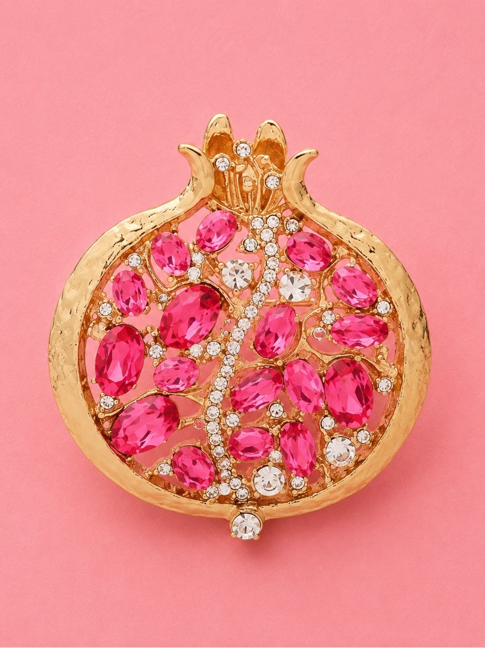 Fuchsia Pink Pomegranate Crystal Gold Brooch